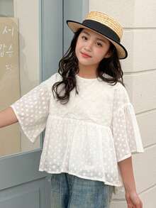Dazy Kids Tween Girls' Floral Embroidery Decor Round Neck Casual Versatile Daily Wear Short Sleeve Blouse Summer - White - View 4