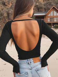 INAWLY 大码女式纯色船领露背时尚百搭T恤 - 黑色 - 查看 3