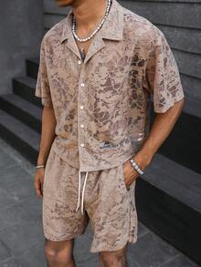 PAVTROS Men's Knitted Jacquard Loose Drop Shoulder Short Sleeve Shirt And Shorts Set, Youthful Street Style - Khaki - View 5