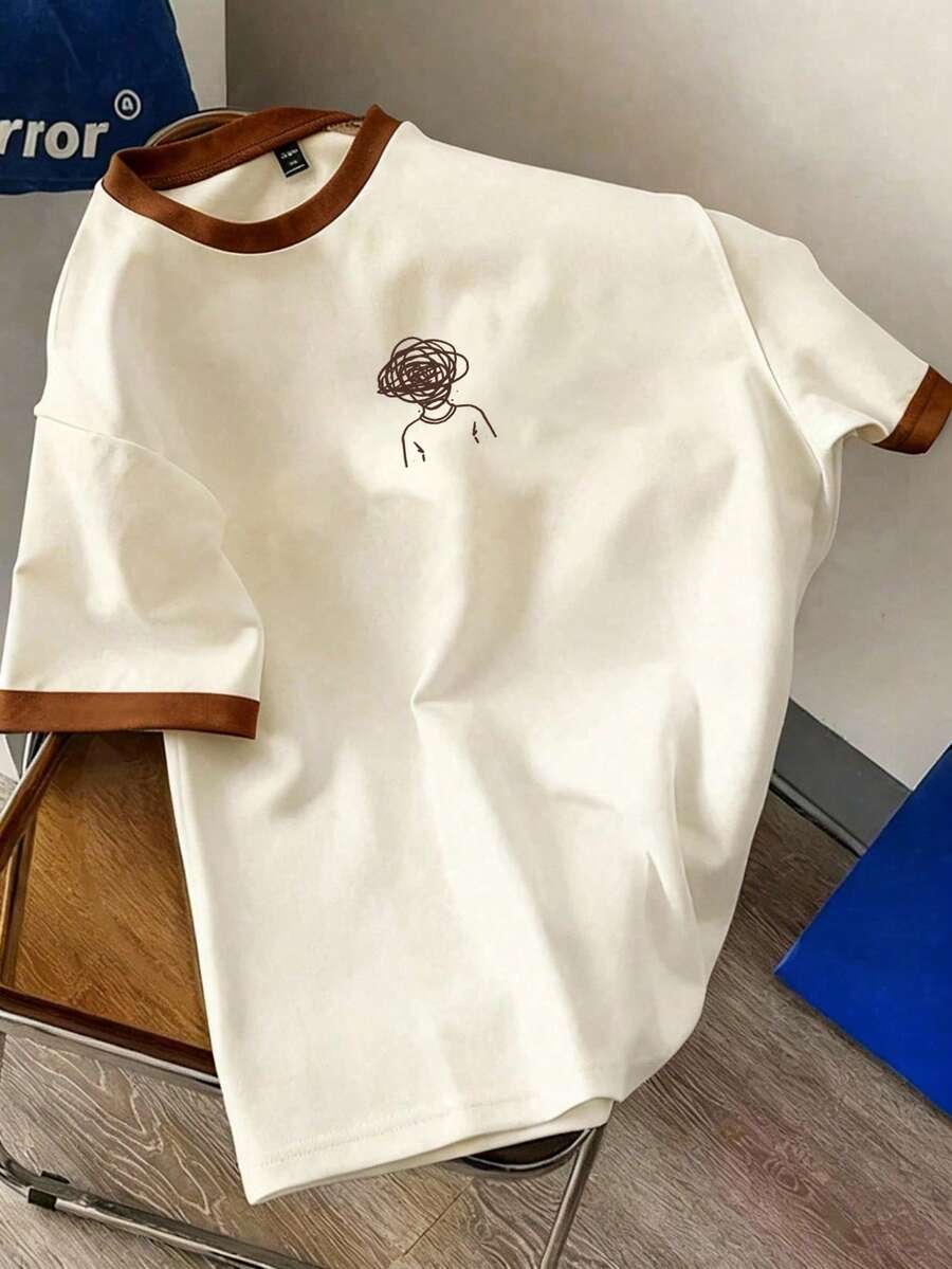 Manfinity Joysei 标准尺码男士趣味印花T恤，棕色袖口拼接，简约时尚休闲日常穿着 - 米色 - 查看 1