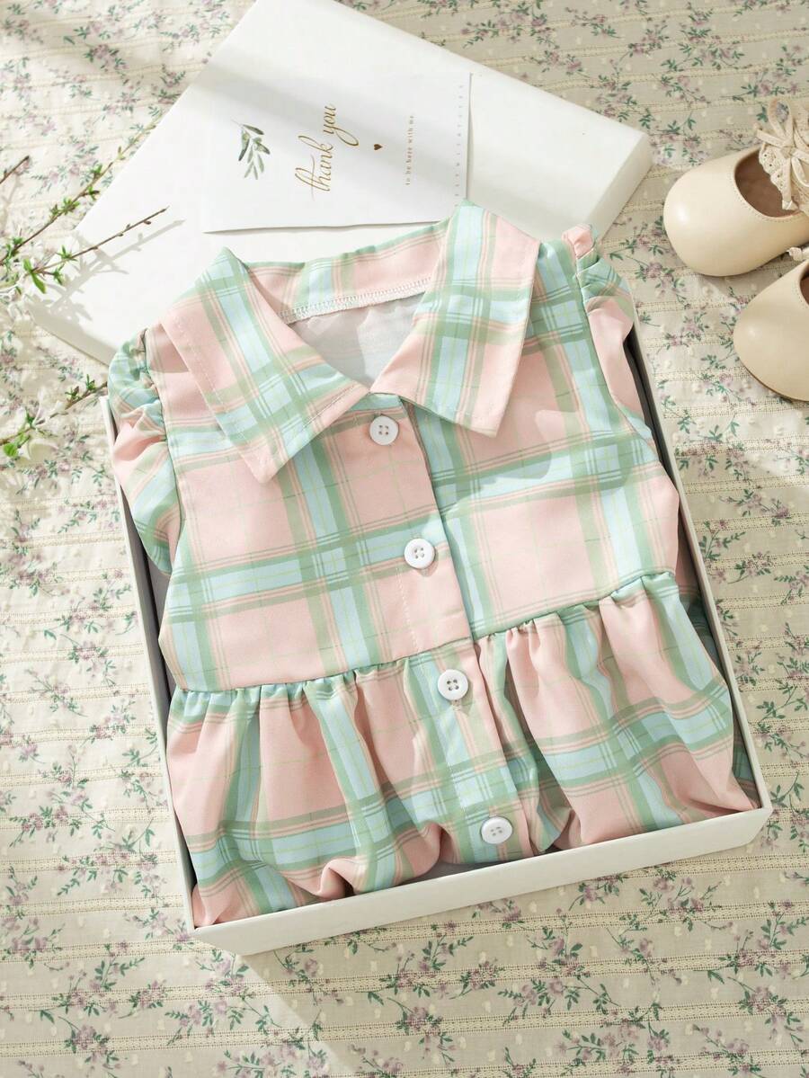 Souflis Souflis 法式新款休闲时尚女童清新格纹花瓣袖衬衫裙，适合春夏外出和日常穿着，上学穿着 - 彩色 - 查看 1