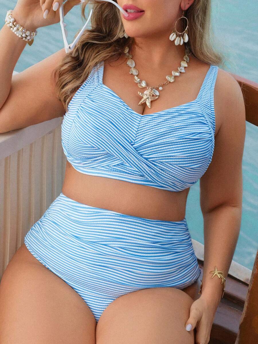 Swim Vcay Plus Size 2pcs Blue & White Textured Fabric Bikini Set With Front Criss-Cross Design, Back Tie-Up, High Waist Ruched Bottoms, Suitable For Summer Beach & Vacation - Blue and White - View 1