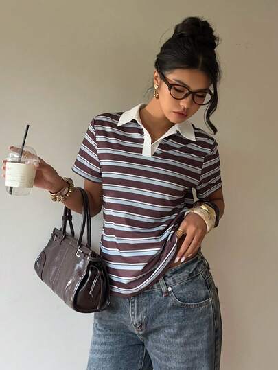 Siren Gaze Women's Retro Preppy Striped Polo Shirt Short Sleeve T-Shirt - Green/Brown/White, Vacation Top, Streetwear, Music Festival, Back To School, Contrasting Striped Collar And Short Sleeves, Slimming And Versatile, Suitable For Everyday Commuting, Casual Dates, And Various Other Occasions. A Stylish Top Perfect For Back-To-School Season. Summer Casual Preppy Tops Striped Shirt Striped Top Striped Blouse Summer Casual Tops Casual Short Sleeve Top Stripe Top Collared Shirt