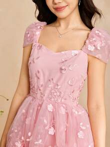 SHEIN Teen Girls' Embroidered Pink Elegant Short Sleeve Dress Pink Teen Tea Party Dress Pink Flower Embroidered Dress Belle Elegant Pink Teen Dress - Pink - View 8