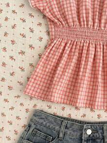 CovetEZ Áo sơ mi nữ tay ngắn kẻ caro bèo nhún, kiểu dáng thường ngày, đa năng. - Đỏ và trắng - Xem 6