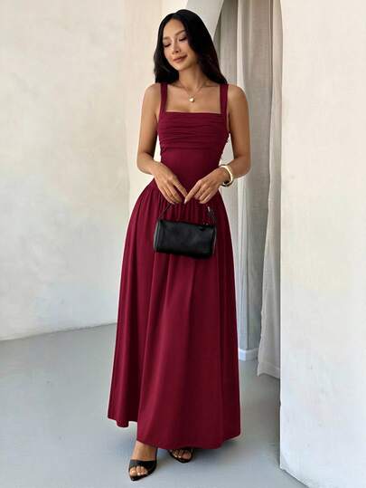 SHEIN PETITE Women's Elegant Solid Color Brown Coffee Square Collar Flared Dress, Spring/Summer Burgundy Dress Ankle Length Dress Long Dress
