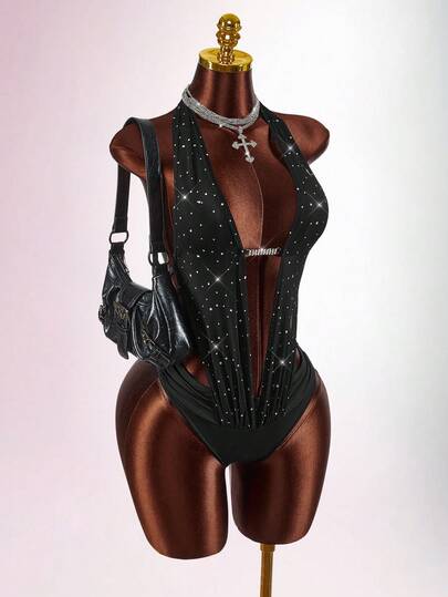 Amplova Women's Shiny Halter Neck Bodysuit, Backless With Rhinestone Decor, Sexy & Avant-Garde, Suitable For Party & Date