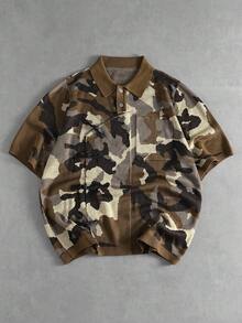 ROMWE MEN Street Life Men's Camouflage One-Buckle Short Sleeve Knit Top - Dark Green - View 8