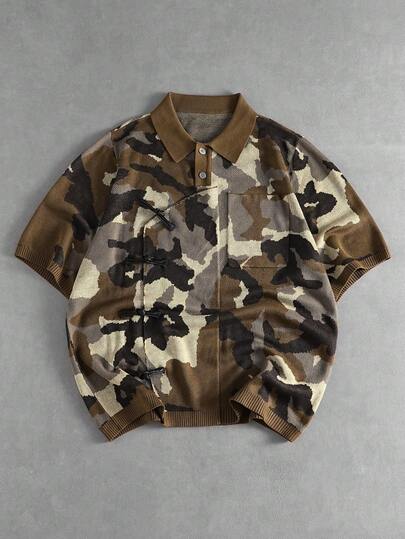 ROMWE MEN Street Life Men's Camouflage One-Buckle Short Sleeve Knit Top
