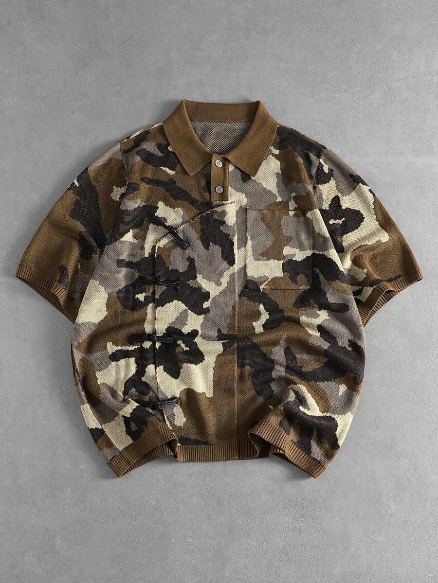 ROMWE MEN Street Life 男士迷彩单扣短袖针织衫 - 墨綠色 - 查看 1