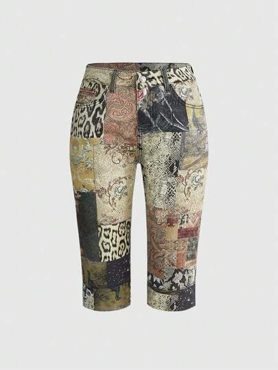 ROMWE Grunge Punk Vintage Leopard & Floral Print Y2K Style Skinny Denim Shorts