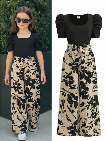 Firerie Kids Firerie Kids Tween Girl Spring/Summer New Fashion Casual Black Knit Patchwork Ditsy Floral Square Neck Short Sleeve Jumpsuit