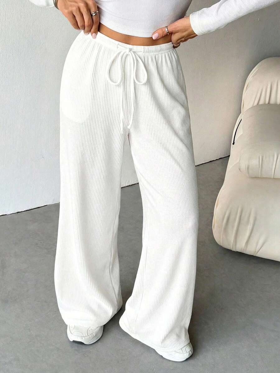 SHEIN Tall Women's Ribbed Brushed Wide Leg Pants, Suitable For Autumn/Winter - White - View 1