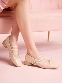 CUCCOO DOLLMOD Ladies Square Toe Elegant Classic Vintage Glossy Bow Decoration Double Belt Mary Jane Flats - nude - View 4