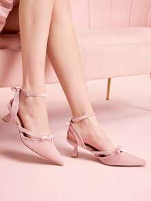 CUCCOO DOLLMOD New Velvet High Heels In Light Pink, Bowknot Criss-Cross Hollow-Out Women Shoes Spring Shoes - Baby Pink - View 3