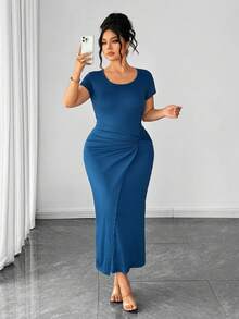 Elenzga Fashionable Casual French Retro Elegant Commuting Twist Waist Slit Midi Dress - Blue - View 5