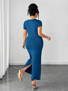 Elenzga Fashionable Casual French Retro Elegant Commuting Twist Waist Slit Midi Dress - Blue - View 2
