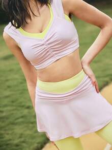 SHEIN Unity Damen Sommer Lässig Sport einfarbiges Crop Top und Mini Rock 2-teiliges Set, Tennis Outfit für Damen, Tennis Top, Athleisure Set, Tennis Kleid, Damen Tennis Outfit für YOGA, Lässig, Frühling, Sommer Outfit für Damen, Ausgehoutfit - Pink - Übersicht 1