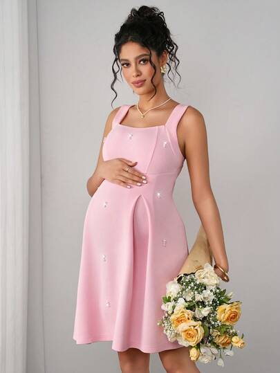 Momance 孕妇纯色仿珍珠装饰优雅无袖连衣裙