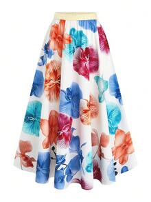 SHEIN 女士彩色印花收腰A字裙，魅力优雅通勤时尚约会休闲法式街头复古百搭春夏新款多色可选 - 彩色 - 查看 4