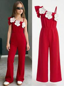 SHEIN Tween Girls' Elegant Commuting Evening Party 3D Floral Ruffle Strap Jumpsuit - Red - View 3