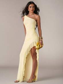 SHEIN BAE Women's Elegant Sexy Pale Yellow Summer Cocktail Tropical Dress,Beaded Shoulder Strap Ruched Waist Slit Ruffle Hem Summer Dresses For Wedding Party - Light Yellow - View 5
