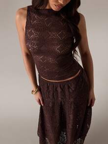 SHEIN BAE Casual Lace Hollow Textured Sleeveless Tank Top, Suitable For Leisure, Vacation, Beach, Brunch, Casual Wear - Brown - View 5