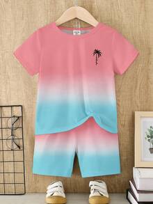 SHEIN Playful Pals 春夏两件套：男童休闲渐变椰树印花短袖T恤和短裤套装，舒适日常穿着 - 彩色 - 查看 7