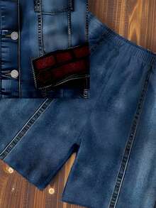 Playful Pals 春夏两件套：男童休闲时尚创意个性清新简约仿牛仔背心款字母标语印花宽松短袖T恤和短裤套装，舒适日常穿着 - 彩色 - 查看 5