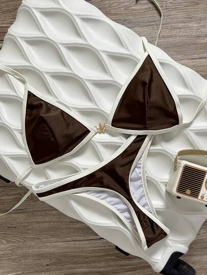 Swim Vcay Solid Color Triangle Halter Backless Bikini Top And Shorts Women Sexy Swimwear Set For Beach Vacation, Spring/Summer