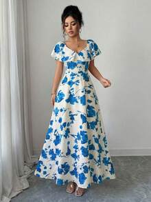 Elenzga Ruffled Waist A-Line Ditsy Floral Elegant French Style Dress - Blue - View 3