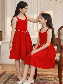 Girls' Sleeveless Fitted Dress,Red And White,Summer,Elegant,Flower Girl Formal Occasion Beaded Embellishment Long Knitted Textured Fabric For Party - Red - View 3