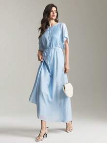 Ontre 2026春夏新款女士长裙，梭织面料，适合婚礼宾客、浪漫约会等场合，蓝色，收腰设计，褶裥款式，沙滩裙，度假装，宽松A字廓形，纽扣设计，独立日、都市时尚、简约风、通勤风，百搭长裙，女士度假装 - Dark Blue - 查看 5