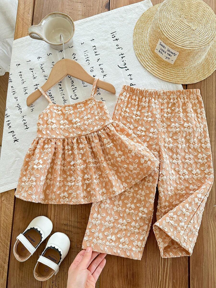SHEIN LMoss Kids 女婴可爱碎花吊带背心和松紧腰裤套装,夏季 - 橘色 - 查看 1