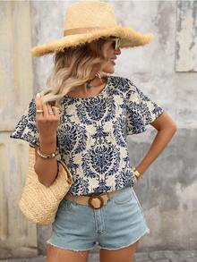 Brillora Blusa de cuello redondo con mangas con volantes, estampado floral de satén y mariposas para mujer, ideal para el verano y la playa - Albaricoque - Ver 4