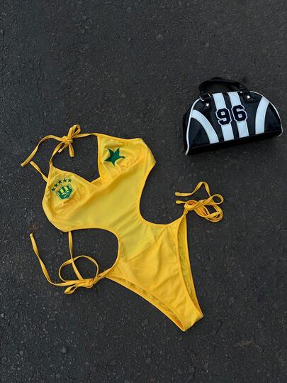 StreetHx Streetwear Women's Tie-Up Hollow Out Printed Bodysuit, Summer