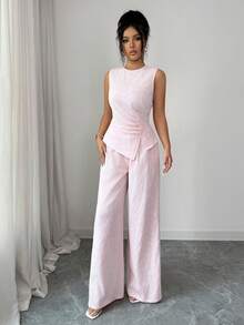 Elenzga Women's Pink Round Neck Sleeveless Pleated Split Asymmetrical Hem Camisole & High Waist Wide Leg Pants Set, Elastic Cinched Waist Design, Fashionable, Elegant, Youthful - Pink - View 4