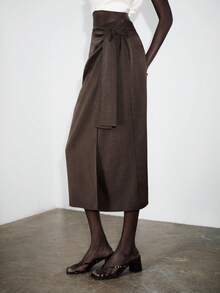 Lumivelle Women's Elegant Dark Coffee Solid A-Line High Waist Slit Tie Ruched Asymmetric Skirt, Suitable For Vacation - Brown - View 5