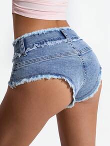 SHEIN EZwear Solid Color Raw Hem Pocket Detail Sexy Skinny Denim Shorts - Blue - View 3
