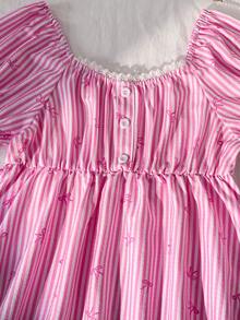 SHEIN 女童复古甜美风上衣一件：珍珠饰边+白色波点，泡泡袖短袖方领收腰设计，轻薄不蓬松，宽松舒适，适合约会/日常穿着，春夏皆宜。 - 粉色 - 查看 5