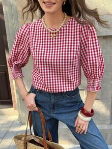 Solivie Blusa casual de mujer con cuello redondo, mangas abultadas y estampado de cuadros, para verano - Rojo y blanco - Ver 7