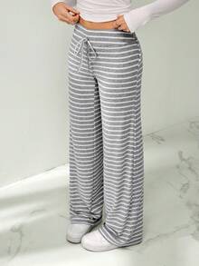 SHEIN Tall 女士休闲条纹低腰抽绳运动裤，阔腿瑜伽/家居裤，秋冬季适合外出穿着 - 淺灰色 - 查看 5