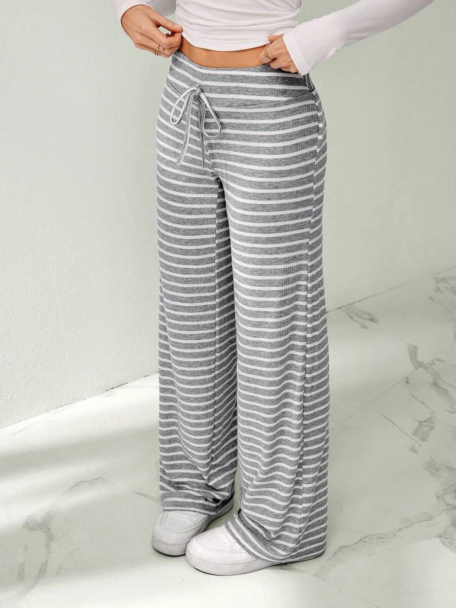 SHEIN Tall 女士休闲条纹低腰抽绳运动裤，阔腿瑜伽/家居裤，秋冬季适合外出穿着 - 淺灰色 - 查看 1