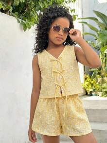 Tween Girl Casual Yellow Jacquard Bow Tie Strap Tank Top And Shorts 2 Piece Set, Yellow Textured Two Piece, Girl Two Piece Outfit, Yellow Two Piece Set Summer, Kids Yellow Shorts Set, Yellow Two Piece Short Set - Yellow - View 2
