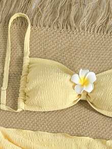 Swim Vcay Bộ bikini 3 mảnh dành cho nữ cỡ lớn, màu trơn, họa tiết hoa, thích hợp đi biển hoặc nghỉ dưỡng. - Màu vàng - Xem 3
