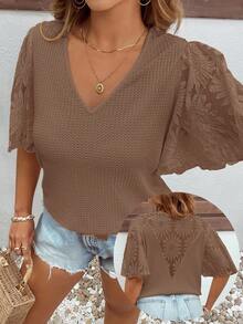 SHEIN Clasi Áo thun tay bồng phối họa tiết waffle dệt kim cỡ lớn thanh lịch - Màu nâu  Mocha - Xem 1