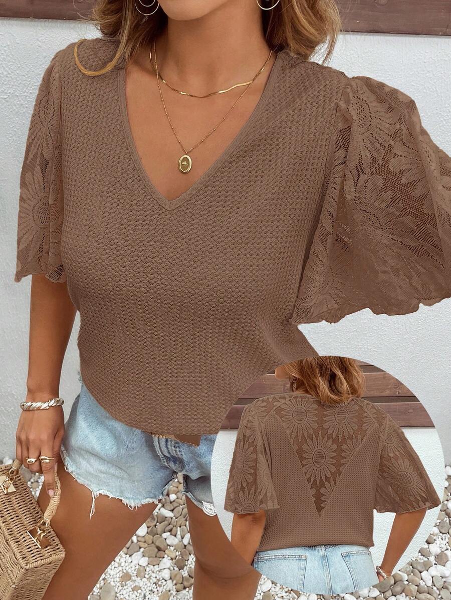 SHEIN Clasi Áo thun tay bồng phối họa tiết waffle dệt kim cỡ lớn thanh lịch - Màu nâu  Mocha - Xem 1