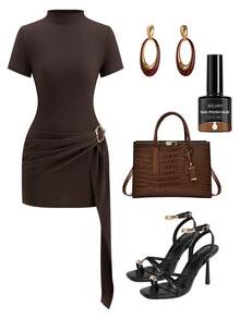 Ellevyn 女士优雅收腰极简短袖修身连衣裙，饰有金属装饰，显瘦短裙 - 咖啡 - 查看 7