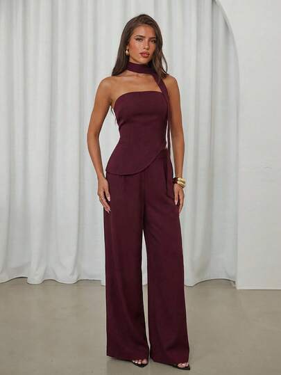 Aloruh Modern Minimalist Design Encore Burgundy Set: Asymmetric Hem Bustier Top With Neck Tie, And Straight Leg Pants, Made Of Comfortable, Smooth And Skin-Friendly Fabric, Elegant And Dignified Office Wear, Versatile For Multiple Occasions Such As Family Gatherings, Fashion Celebrations, Spring/Summer Vacation, Daytime To Nighttime, And Casual Daily Wear