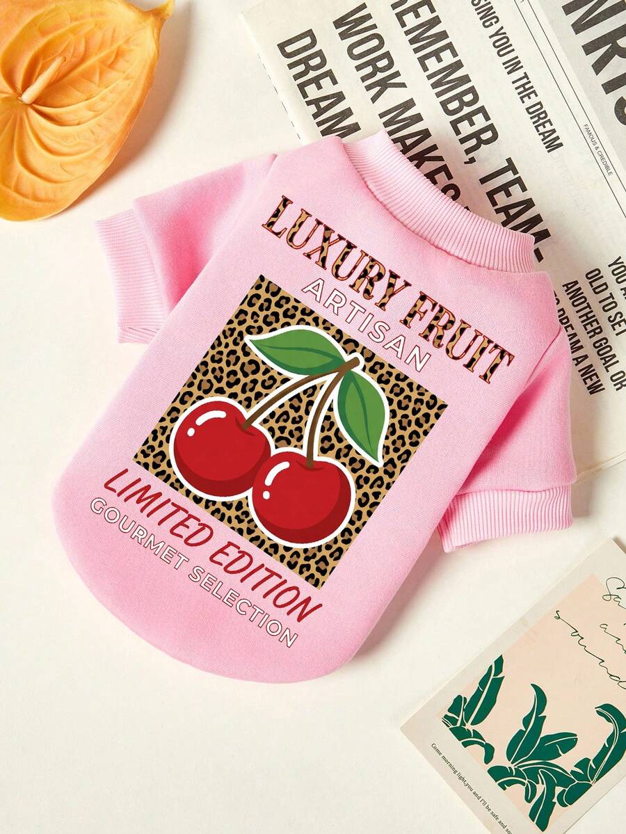 PETSIN 1件红色樱桃豹纹字母印花宠物服，粉色加厚保暖宠物无帽衣服 - 粉色 - 查看 1